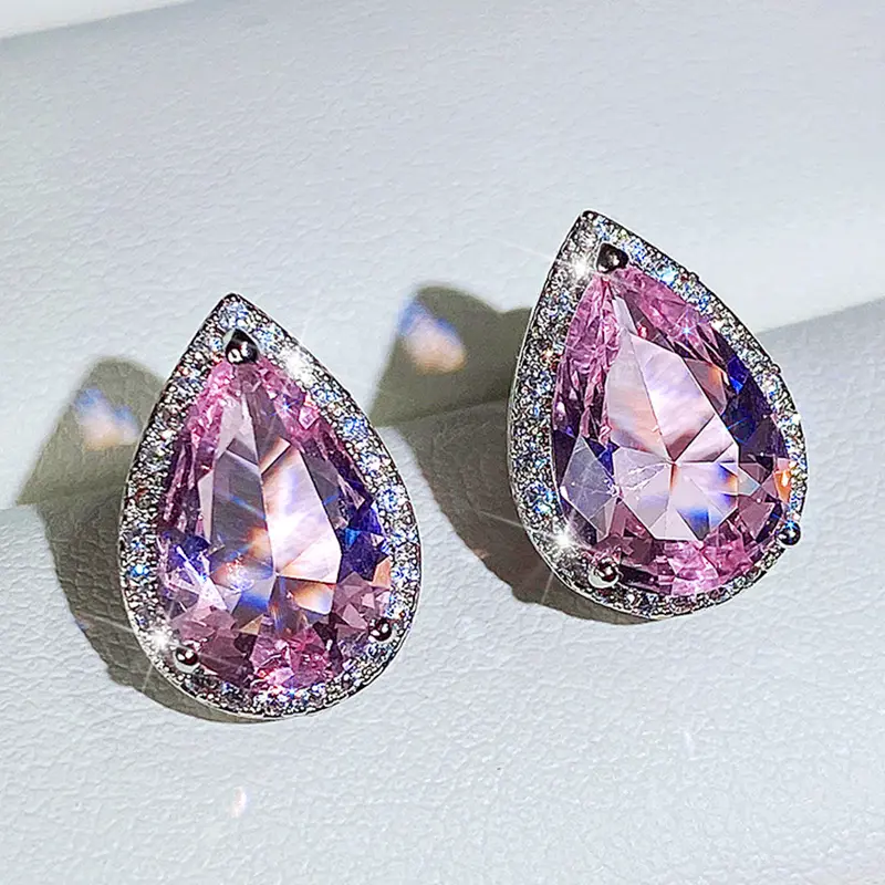 Huitan Romantic Teardrop Shaped Pink CZ Stud Earrings for Women Fashion Versatile Lady's Accessories Party Jewelry Best Gifts