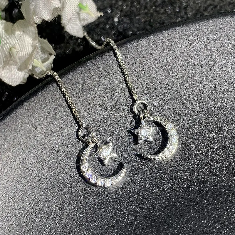 Huitan Sweet Moon and Star Long Wire Earrings for Women Simple Stylish Hanging Earrings Romantic Girls Accessory Fashion Jewelry
