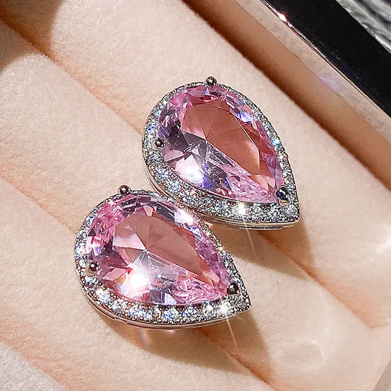 Huitan Romantic Teardrop Shaped Pink CZ Stud Earrings for Women Fashion Versatile Lady's Accessories Party Jewelry Best Gifts