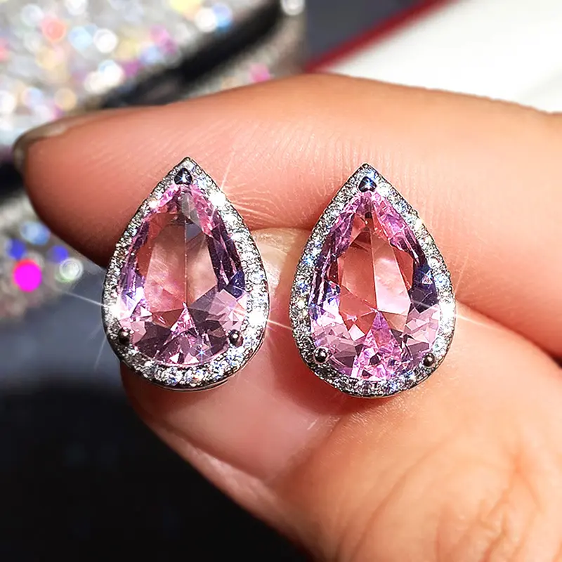 Huitan Romantic Teardrop Shaped Pink CZ Stud Earrings for Women Fashion Versatile Lady's Accessories Party Jewelry Best Gifts