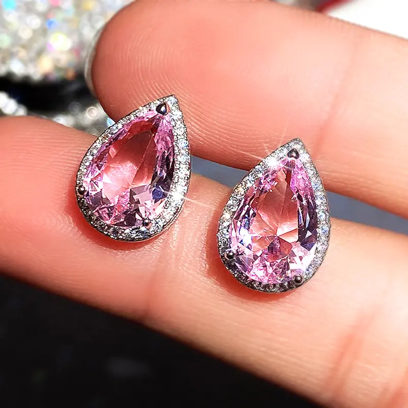 Huitan Romantic Teardrop Shaped Pink CZ Stud Earrings for Women Fashion Versatile Lady's Accessories Party Jewelry Best Gifts