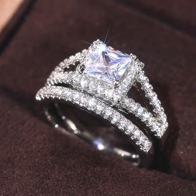 Huitan Luxury 2Pcs/Set Wedding Rings for Women Stylish Princess Square CZ Finger Accessories Gold Color/Silver Color Jewelry