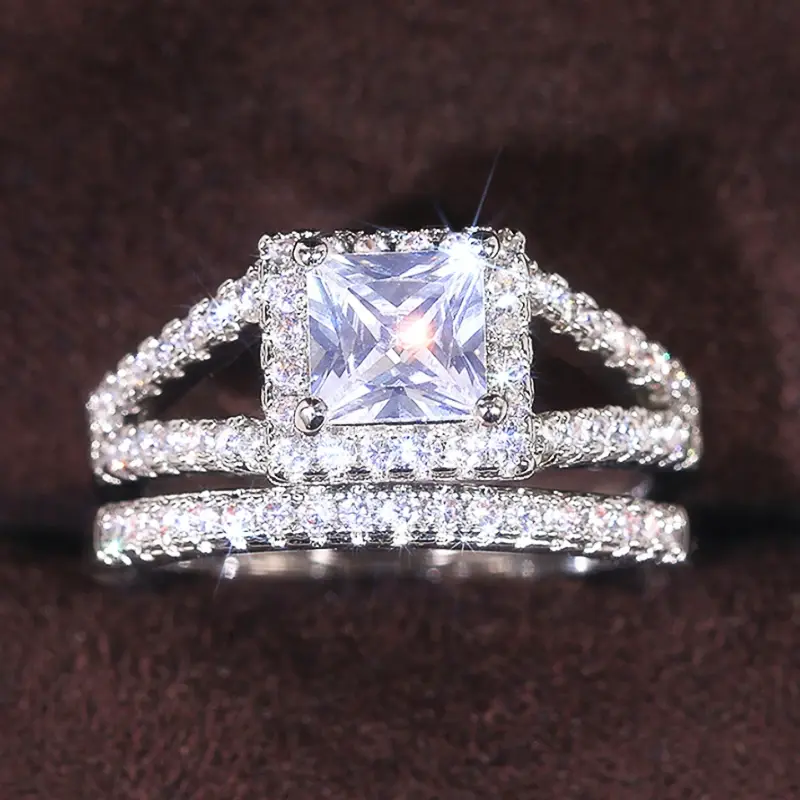 Huitan Luxury 2Pcs/Set Wedding Rings for Women Stylish Princess Square CZ Finger Accessories Gold Color/Silver Color Jewelry