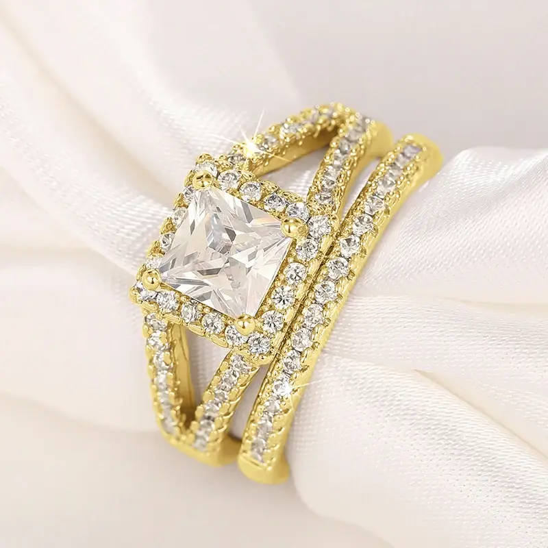 Huitan Luxury 2Pcs/Set Wedding Rings for Women Stylish Princess Square CZ Finger Accessories Gold Color/Silver Color Jewelry