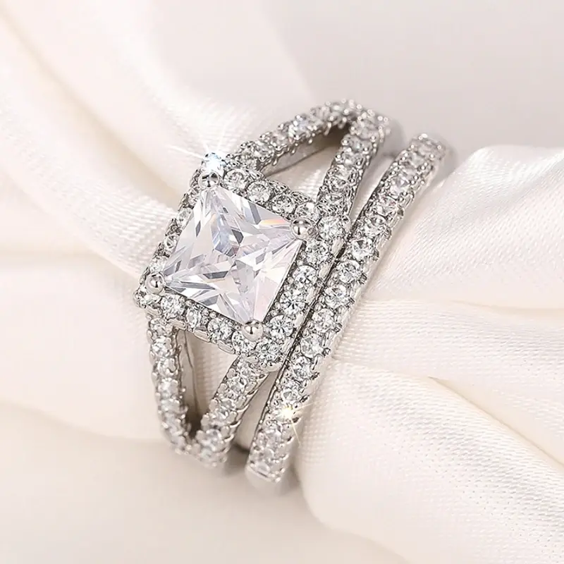 Huitan Luxury 2Pcs/Set Wedding Rings for Women Stylish Princess Square CZ Finger Accessories Gold Color/Silver Color Jewelry