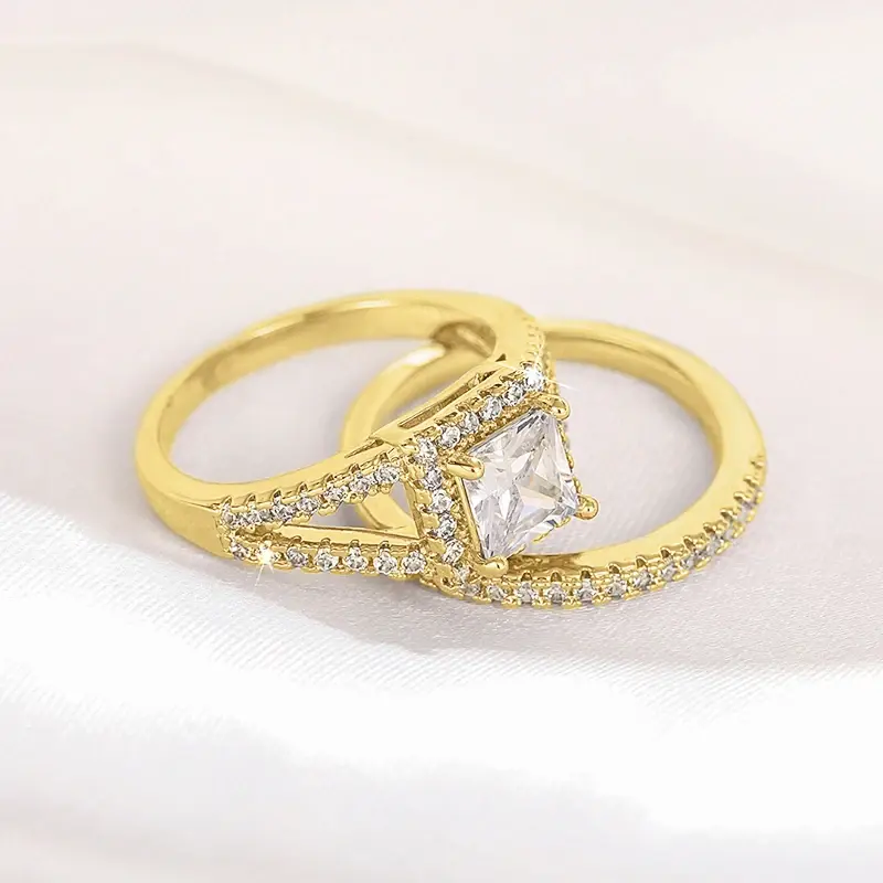 Huitan Luxury 2Pcs/Set Wedding Rings for Women Stylish Princess Square CZ Finger Accessories Gold Color/Silver Color Jewelry
