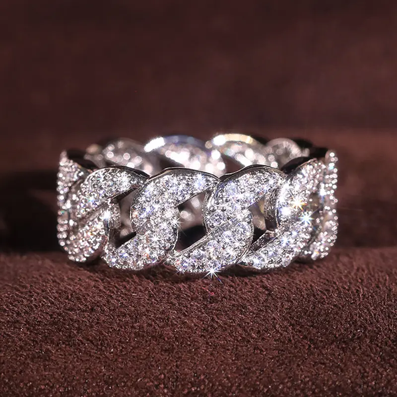 Huitan Chunk Chain Linked Design Women Finger Rings Full Dazzling Crystal Cubic Zirconia Modern Fashionable Girls Jewelry