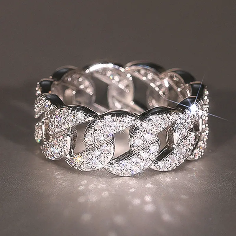 Huitan Chunk Chain Linked Design Women Finger Rings Full Dazzling Crystal Cubic Zirconia Modern Fashionable Girls Jewelry