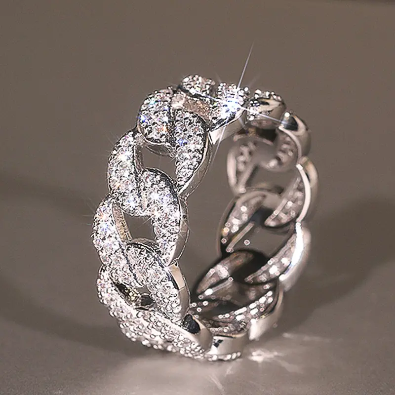 Huitan Chunk Chain Linked Design Women Finger Rings Full Dazzling Crystal Cubic Zirconia Modern Fashionable Girls Jewelry