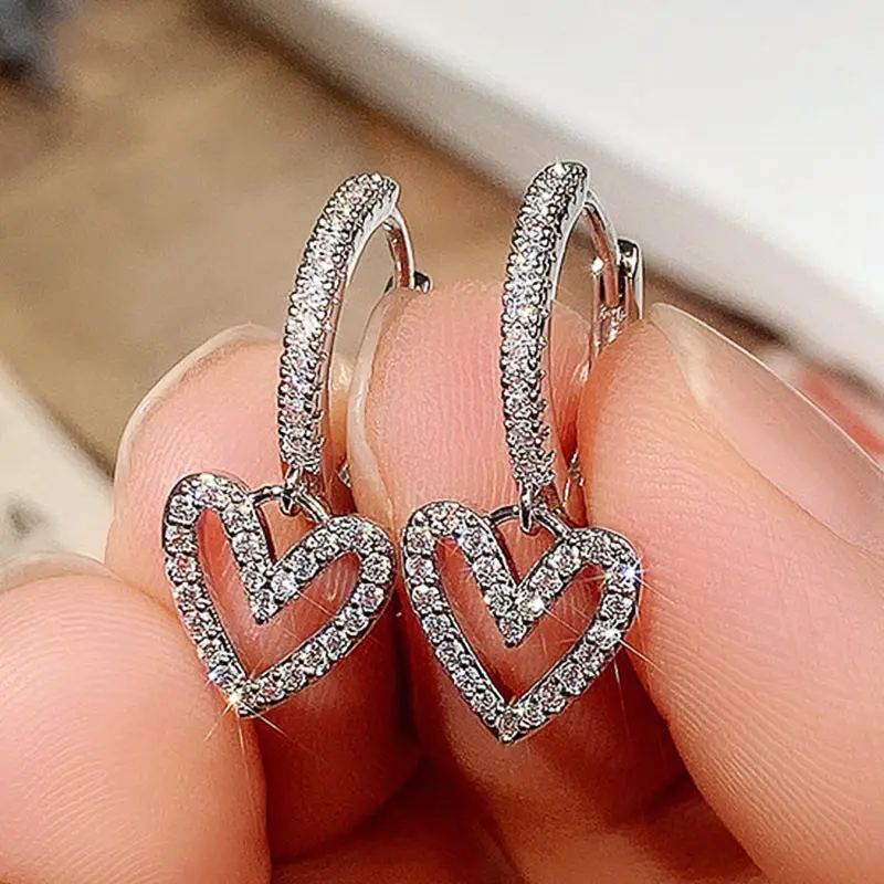 Huitan Hollow Out Heart Earrings for Women Full Dazzling CZ Silver Color/Gold Color Love Dangle Earrings New Trendy Jewelry Gift