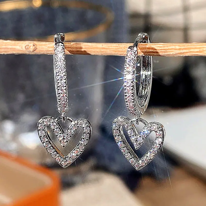 Huitan Hollow Out Heart Earrings for Women Full Dazzling CZ Silver Color/Gold Color Love Dangle Earrings New Trendy Jewelry Gift