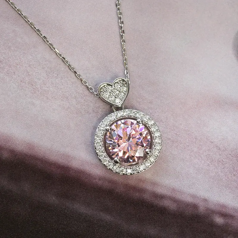 Huitan Bright Pink Zirconia Pendant Necklace for Women Sweet Lady Bridal Wedding Accessories Delicate Engagement Jewelry Gift