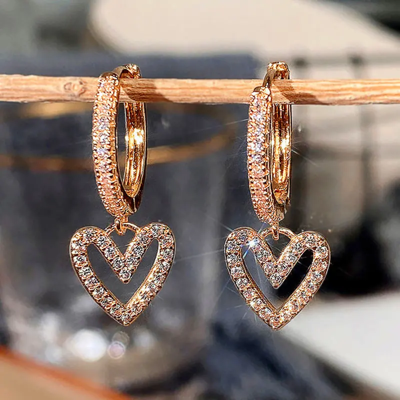 Huitan Hollow Out Heart Earrings for Women Full Dazzling CZ Silver Color/Gold Color Love Dangle Earrings New Trendy Jewelry Gift