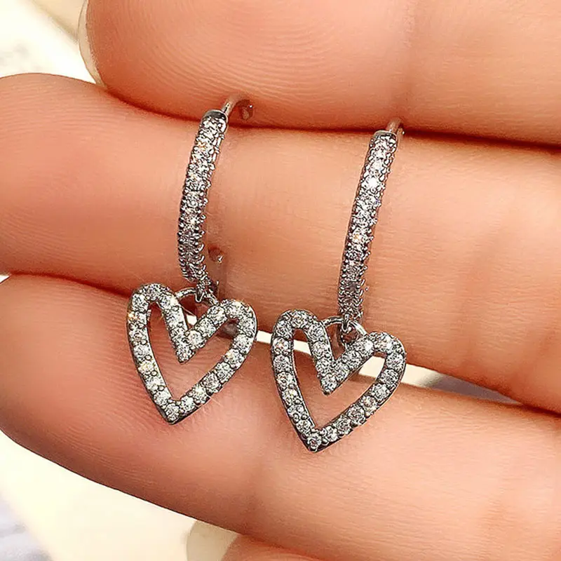 Huitan Hollow Out Heart Earrings for Women Full Dazzling CZ Silver Color/Gold Color Love Dangle Earrings New Trendy Jewelry Gift