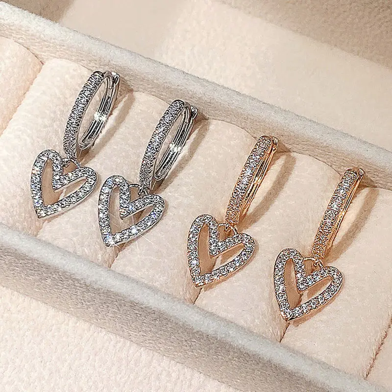 Huitan Hollow Out Heart Earrings for Women Full Dazzling CZ Silver Color/Gold Color Love Dangle Earrings New Trendy Jewelry Gift