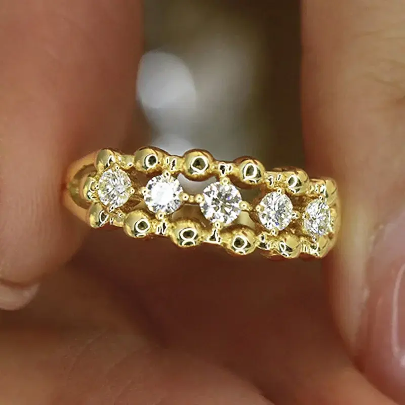 Huitan Trendy Gold Color Engagement Rings for Women Brilliant Cubic Zirconia Finger Accessories for Wedding Ceremony Party
