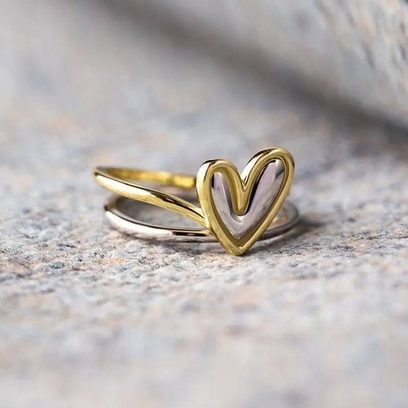 Huitan Two Tone Style Ring Heart Love Jewelry for Women Fashion Female Engagement Accessories Graceful Wedding Bands for Lady
