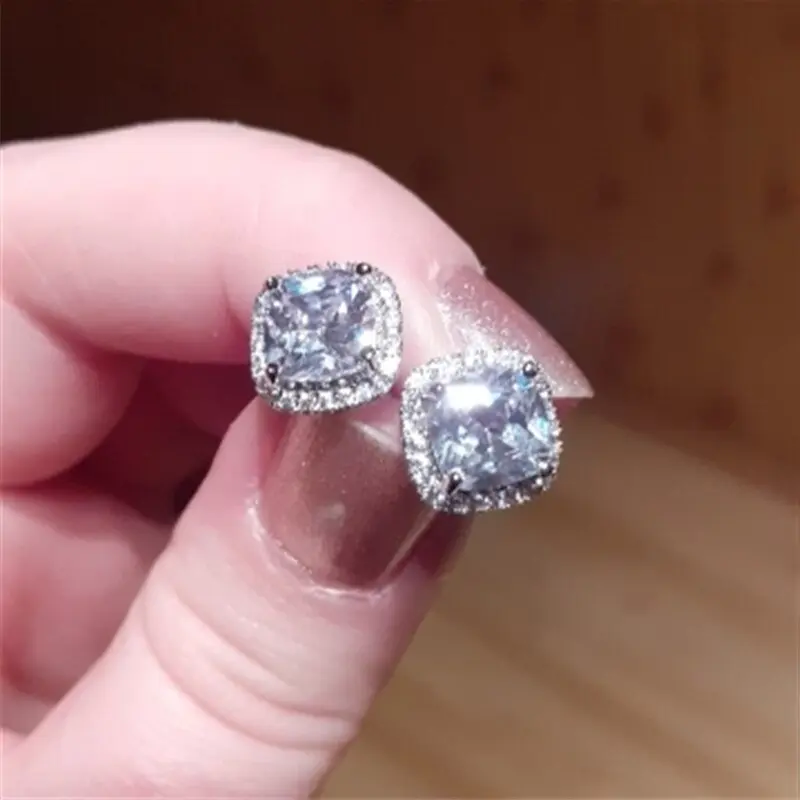 Huitan Classic Cushion Shape Stud Earrings with Brilliant Cubic Zirconia Stone Wedding Engagement Party Luxury Jewelry for Women