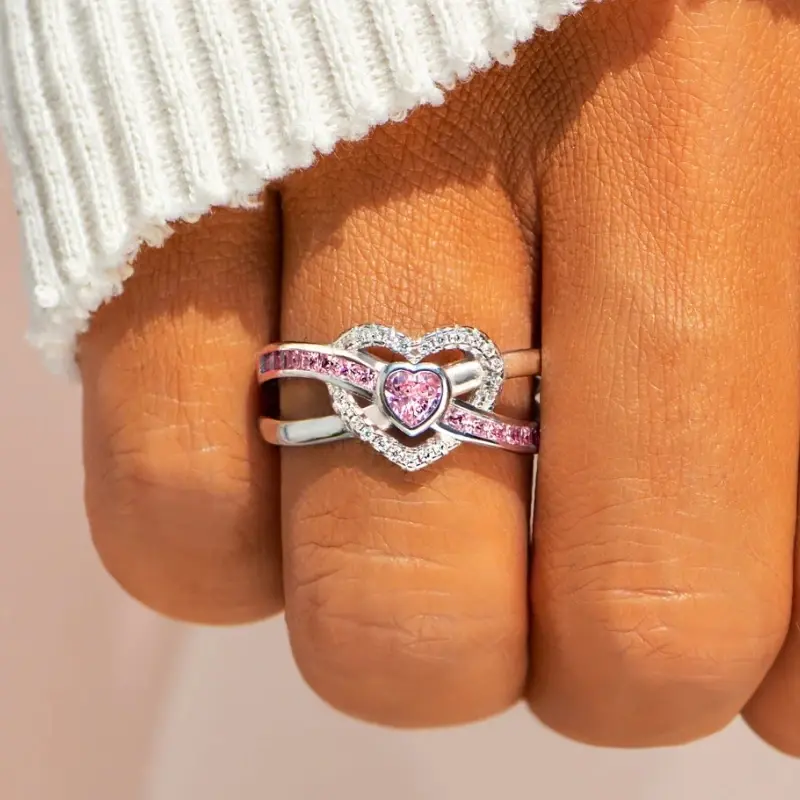 Huitan Unique Heart Designed Rings for Women Shiny Pink Cubic Zirconia Finger Accessories Trendy Charms Gorgeous Party Jewelry