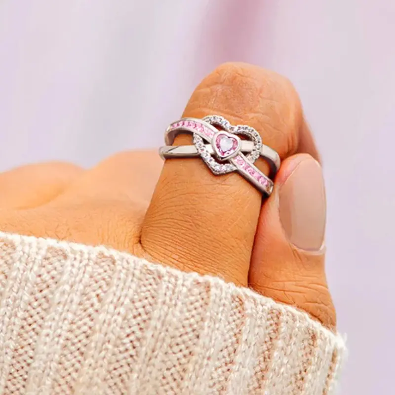 Huitan Unique Heart Designed Rings for Women Shiny Pink Cubic Zirconia Finger Accessories Trendy Charms Gorgeous Party Jewelry