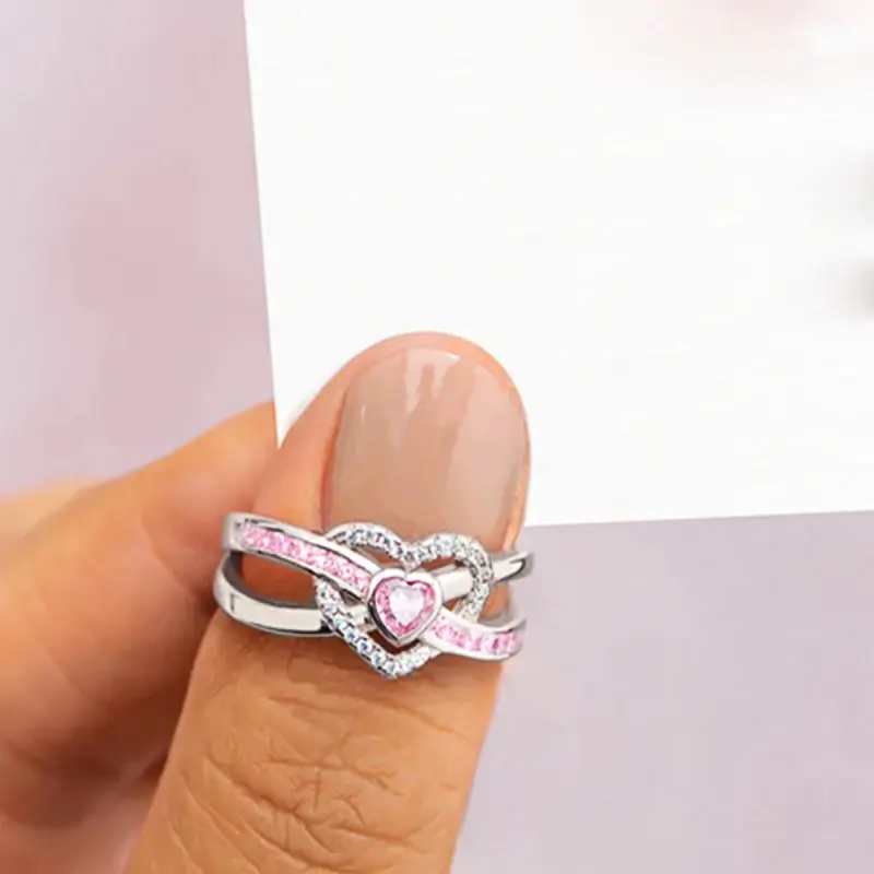 Huitan Unique Heart Designed Rings for Women Shiny Pink Cubic Zirconia Finger Accessories Trendy Charms Gorgeous Party Jewelry