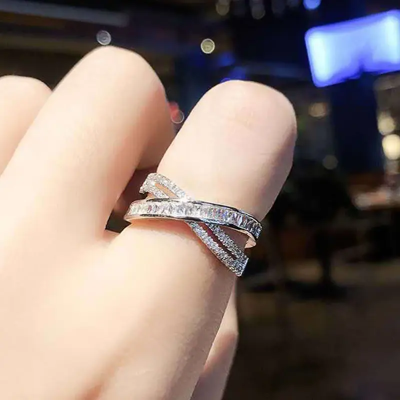 Huitan Fashion Cross Finger Rings for Women Silver Color/Rose Gold Color Accessories for Engagement Ceremony Trendy Jewelry