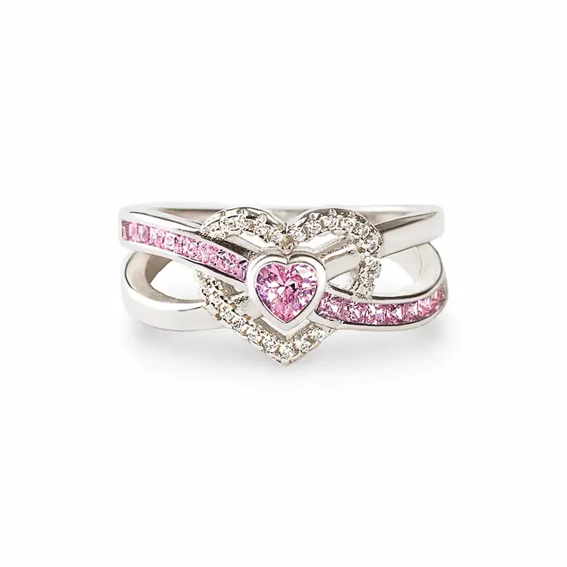Huitan Unique Heart Designed Rings for Women Shiny Pink Cubic Zirconia Finger Accessories Trendy Charms Gorgeous Party Jewelry