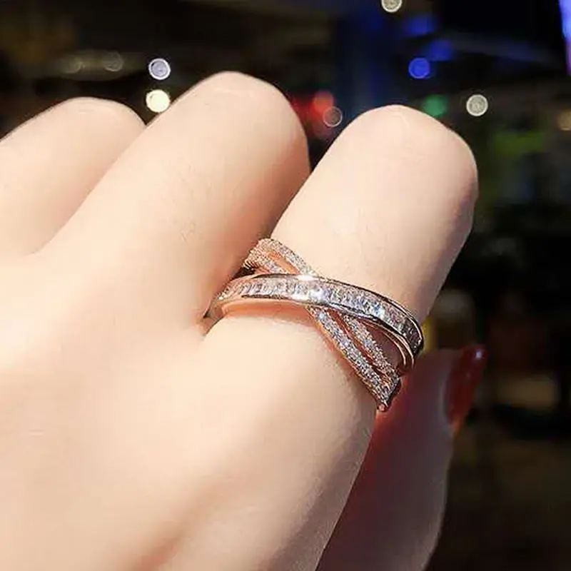 Huitan Fashion Cross Finger Rings for Women Silver Color/Rose Gold Color Accessories for Engagement Ceremony Trendy Jewelry