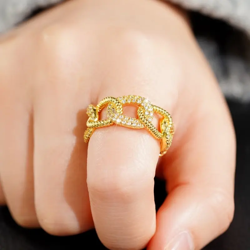 Huitan Trendy Gold Color Adjustable Finger Rings Fashion Women Daily Party Accessories with Shiny Cubic Zirconia Stylish Jewelry
