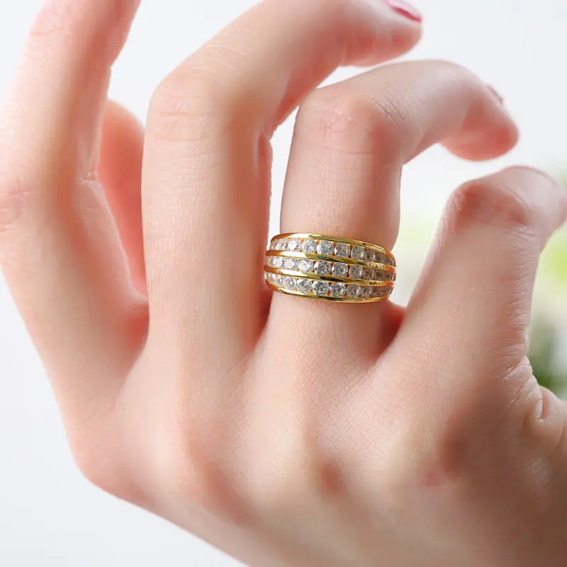 Huitan Simple Design Gold Color Wedding Rings with Three Line CZ Stone Luxury Accessories for Women Proposal Engagement Jewelry