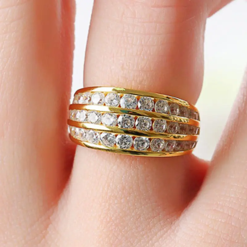 Huitan Simple Design Gold Color Wedding Rings with Three Line CZ Stone Luxury Accessories for Women Proposal Engagement Jewelry