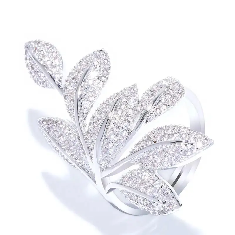 Huitan Bling Bling Leaf Finger Ring for Women Full Paved Sparkling Cubic Zirconia Crystal Rings Wedding Luxury Fashion Jewelry