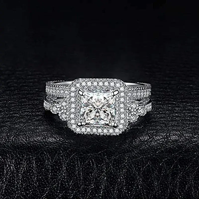 Huitan Gorgeous 2Pcs Set Rings Female Wedding Party Accessories Luxury Fashion Silver Color Bright Zirconia Jewelry for Women