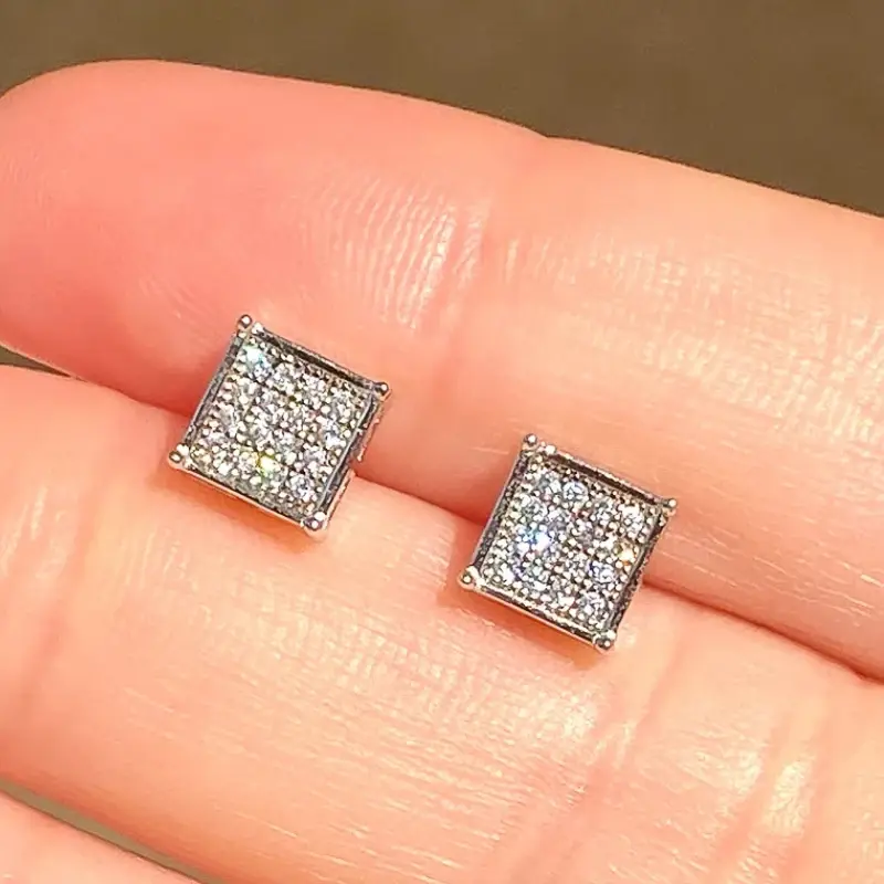 Huitan Dainty Square Shaped CZ Stud Earrings for Women Minimalist Ear Piercing Earrings Daily Wear Exquisite Versatile Jewelry
