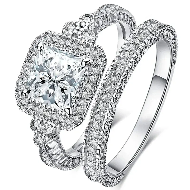 Huitan Gorgeous 2Pcs Set Rings Female Wedding Party Accessories Luxury Fashion Silver Color Bright Zirconia Jewelry for Women