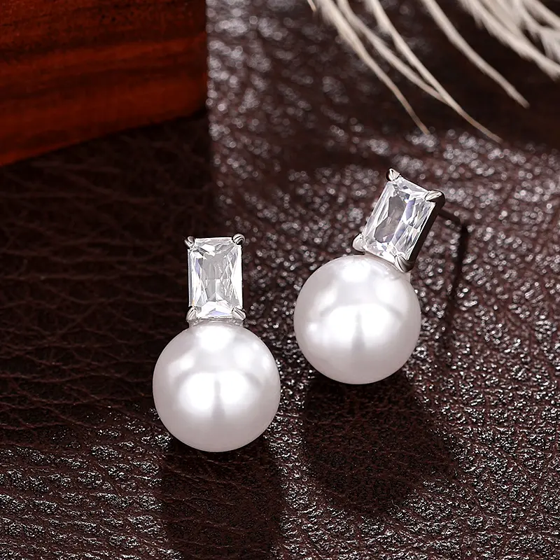 Huitan Simple Stylish Imitation Pearl Earrings with Square Cubic Zircon Temperament Accessories for Women Hot Jewelry Wholesale