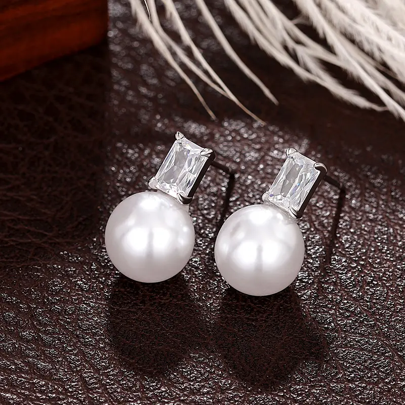 Huitan Simple Stylish Imitation Pearl Earrings with Square Cubic Zircon Temperament Accessories for Women Hot Jewelry Wholesale