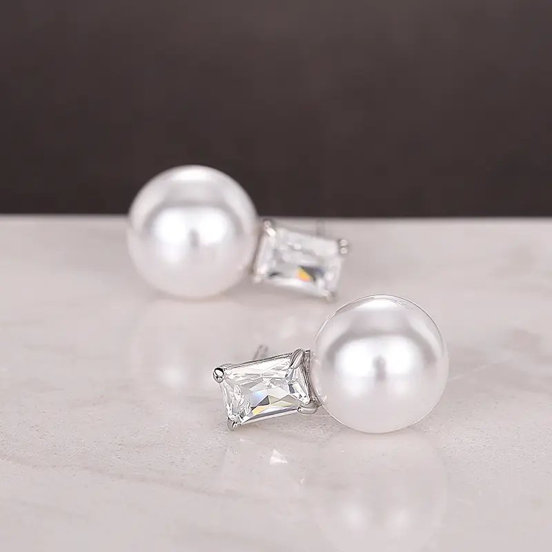 Huitan Simple Stylish Imitation Pearl Earrings with Square Cubic Zircon Temperament Accessories for Women Hot Jewelry Wholesale