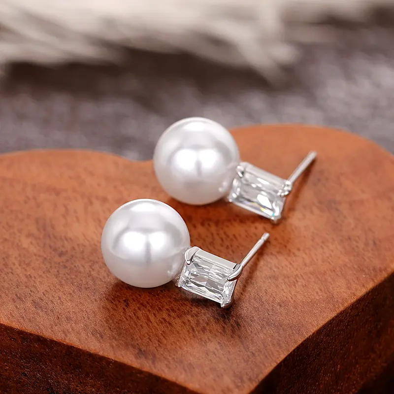 Huitan Simple Stylish Imitation Pearl Earrings with Square Cubic Zircon Temperament Accessories for Women Hot Jewelry Wholesale