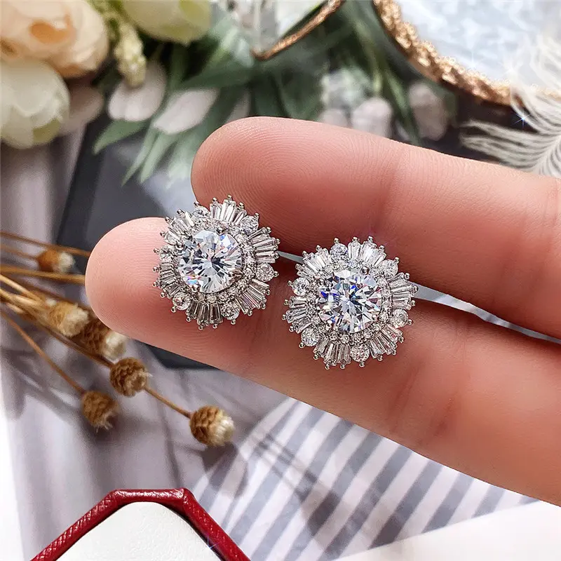 Huitan Luxury Flower Stud Earrings with AAA Cubic Zirconia Delicate Women Accessories for Wedding Party Statement Jewelry Gift