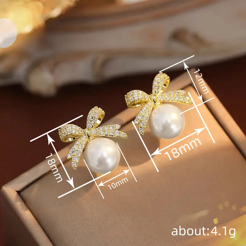 Huitan Graceful Bow Stud Earrings Female Engagement Accessories Simulated Pearl Shining Zirconia Jewelry for Wedding Party