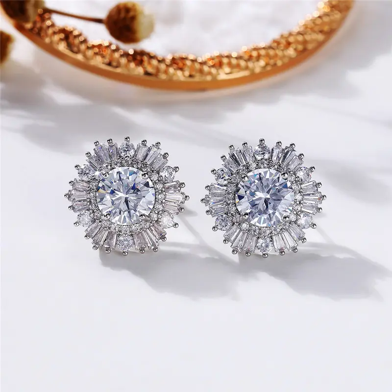 Huitan Luxury Flower Stud Earrings with AAA Cubic Zirconia Delicate Women Accessories for Wedding Party Statement Jewelry Gift