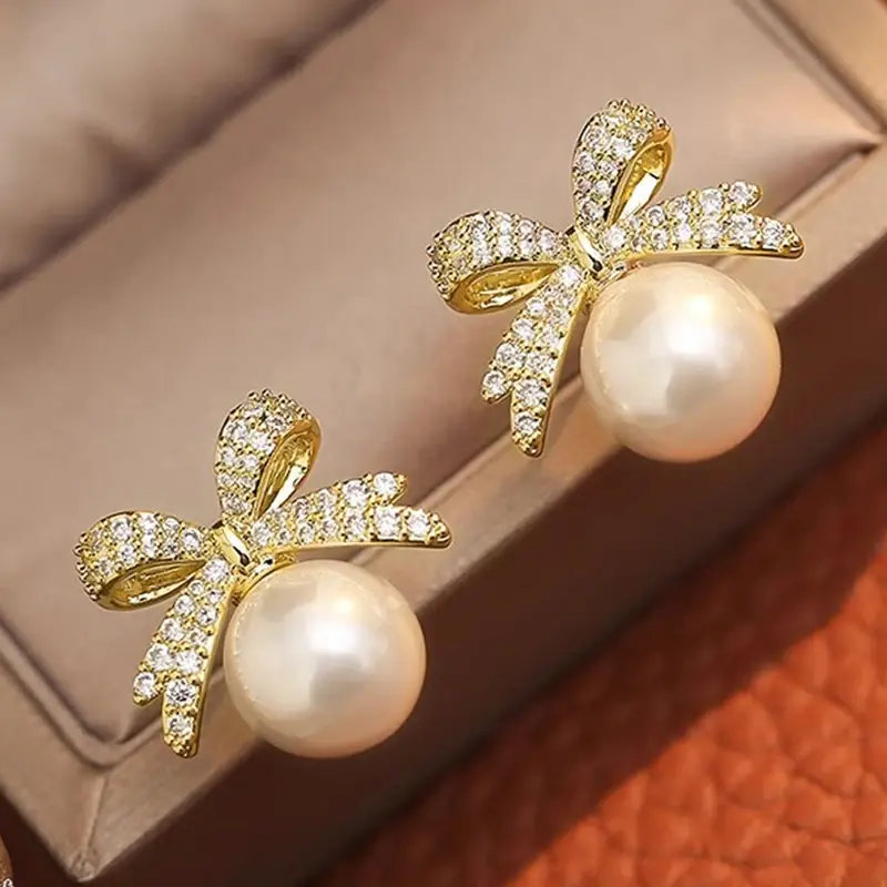Huitan Graceful Bow Stud Earrings Female Engagement Accessories Simulated Pearl Shining Zirconia Jewelry for Wedding Party