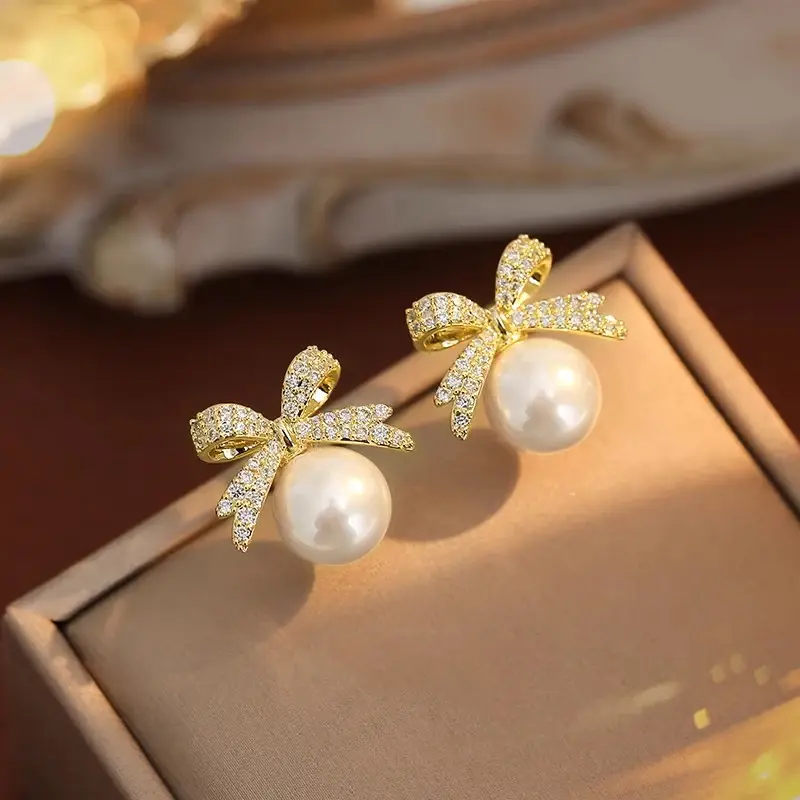 Huitan Graceful Bow Stud Earrings Female Engagement Accessories Simulated Pearl Shining Zirconia Jewelry for Wedding Party