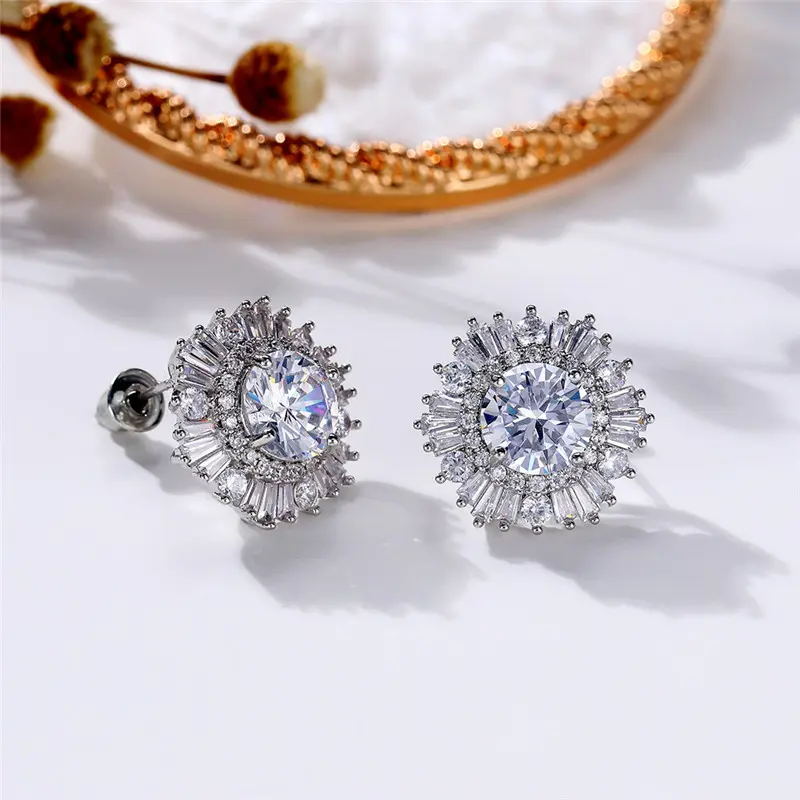 Huitan Luxury Flower Stud Earrings with AAA Cubic Zirconia Delicate Women Accessories for Wedding Party Statement Jewelry Gift