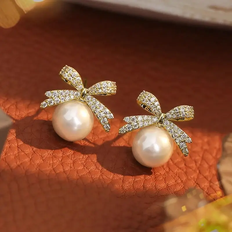 Huitan Graceful Bow Stud Earrings Female Engagement Accessories Simulated Pearl Shining Zirconia Jewelry for Wedding Party