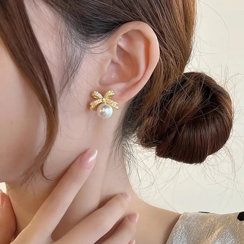 Huitan Graceful Bow Stud Earrings Female Engagement Accessories Simulated Pearl Shining Zirconia Jewelry for Wedding Party