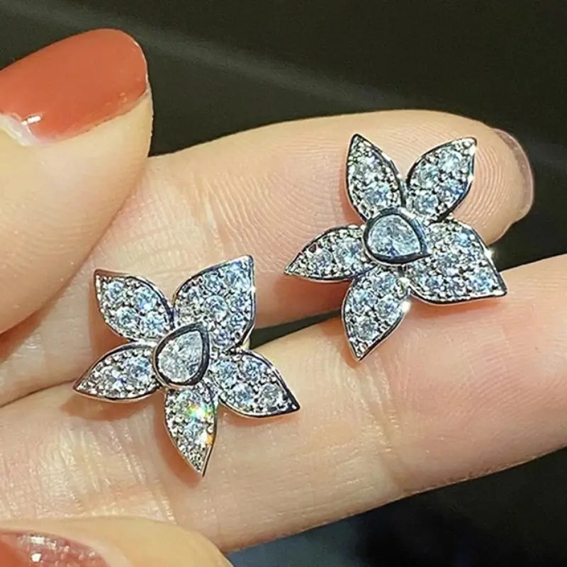 Huitan Delicate Flower Stud Earrings for Women Silver Color Accessories for Engagement Elegant Lady Daily Wearable Jewelry Gifts