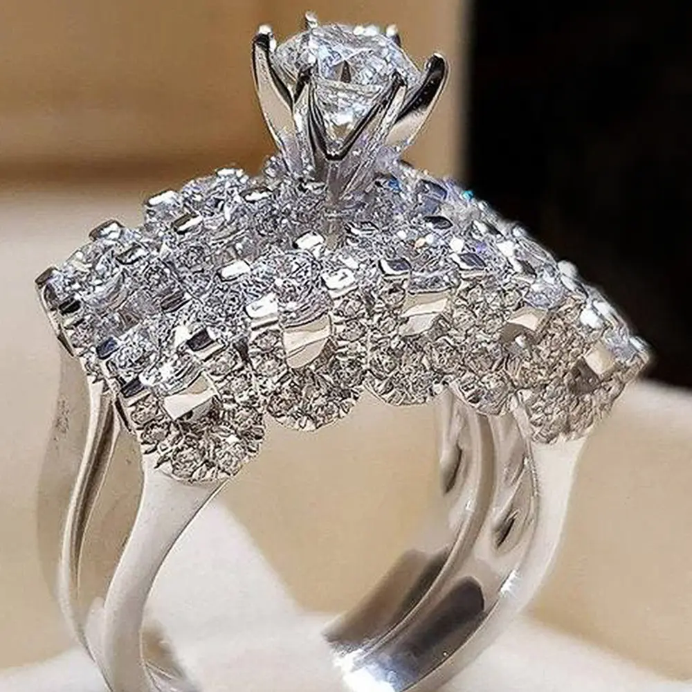 Huitan Fashion Geometric Shaped Bridal Sets Rings for Women Luxury Silver Color Cubic Zirconia Rings High Quality Lady's Jewelry