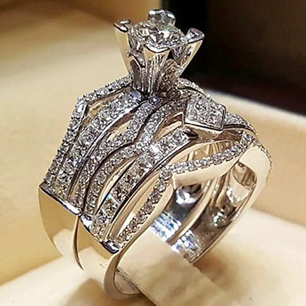 Huitan Fashion Geometric Shaped Bridal Sets Rings for Women Luxury Silver Color Cubic Zirconia Rings High Quality Lady's Jewelry